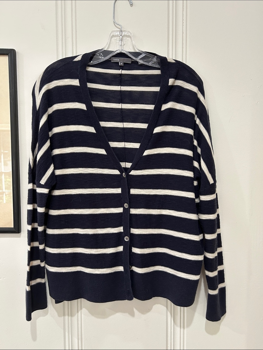 Vince Navy and White Striped Button-Front Cardigan